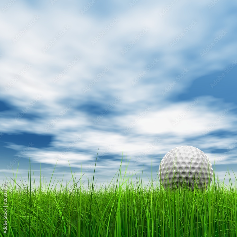 High resolution 3d white golf ball in green grass background High resolution 3d white golf ball in green grass background