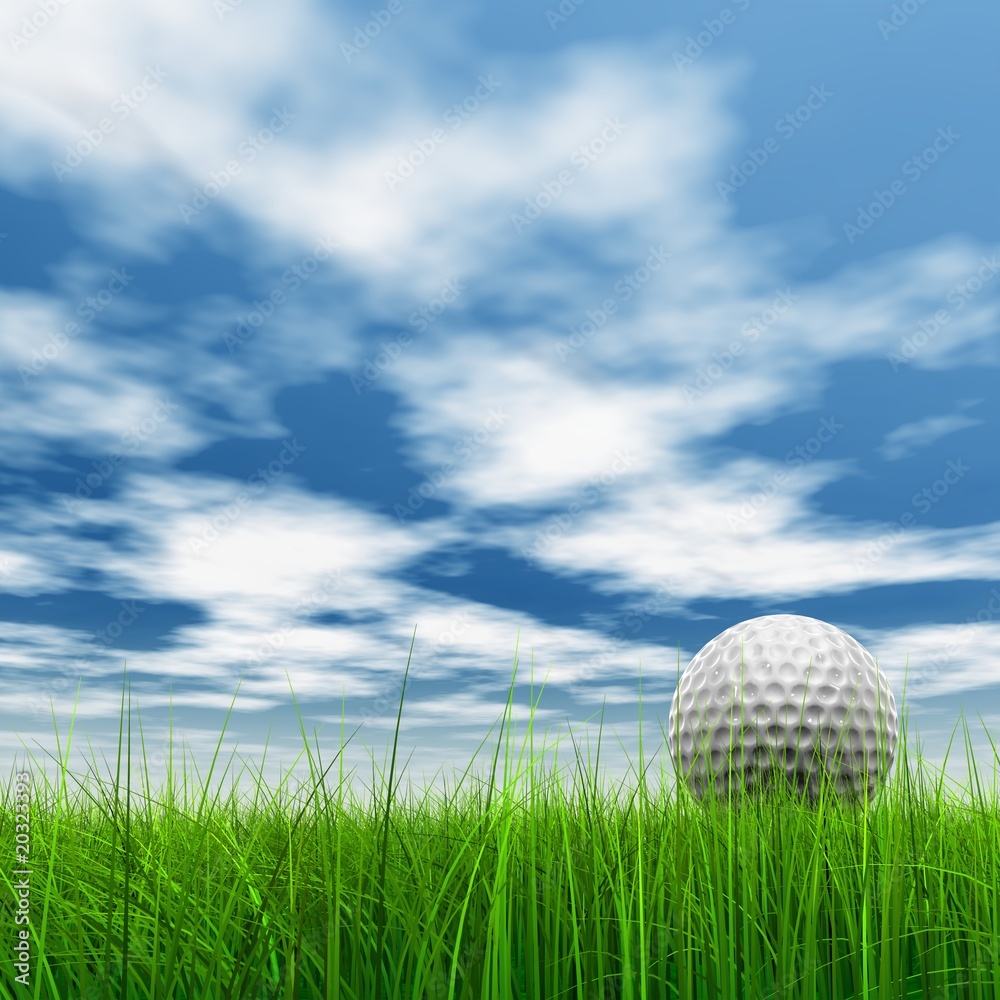 High resolution 3d white golf ball in green grass background High resolution 3d white golf ball in green grass background
