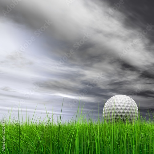 High resolution 3d white golf ball in green grass background