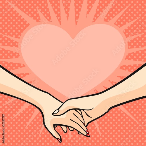 Comics style Valentine's day card with two hands and heart