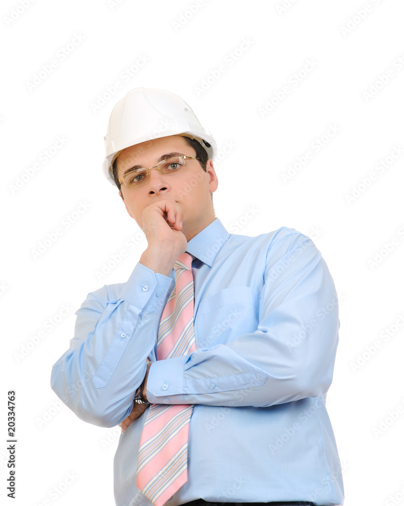 An engineer with white hard helmet isolated on white An engineer with white hard helmet isolated on white