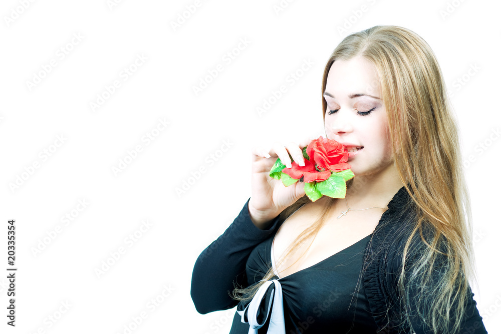 young caucasian blond with nice red flower smelling young caucasian blond with nice red flower smelling