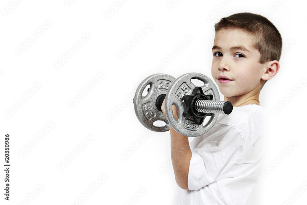 Fototapeta premium Healthy lifestyle child exercising dumbbell weight