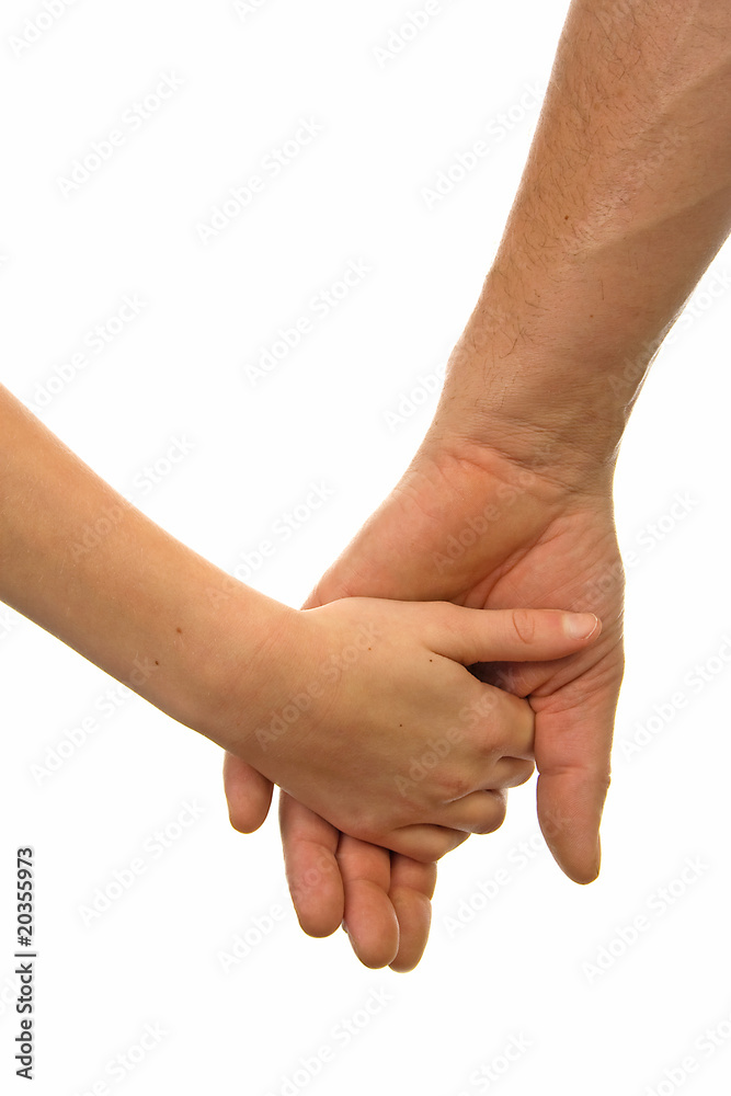 Adult man and child holding hands over white background Adult man and child holding hands over white background