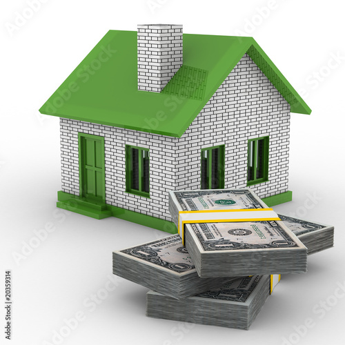 Small house and cash on white background. Isolated 3D image