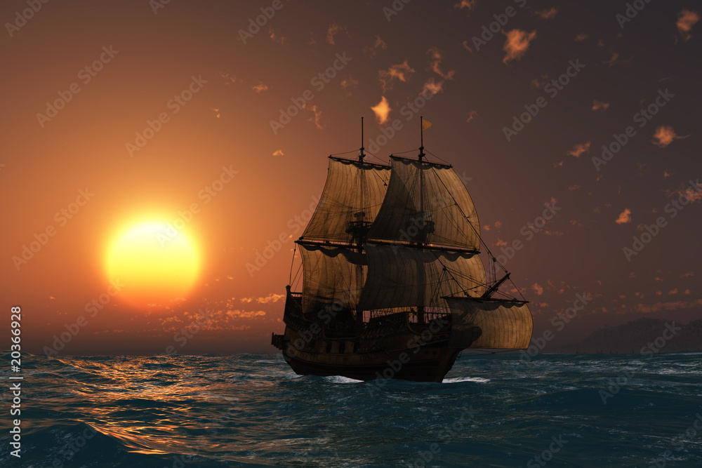 ancient ship at sunset