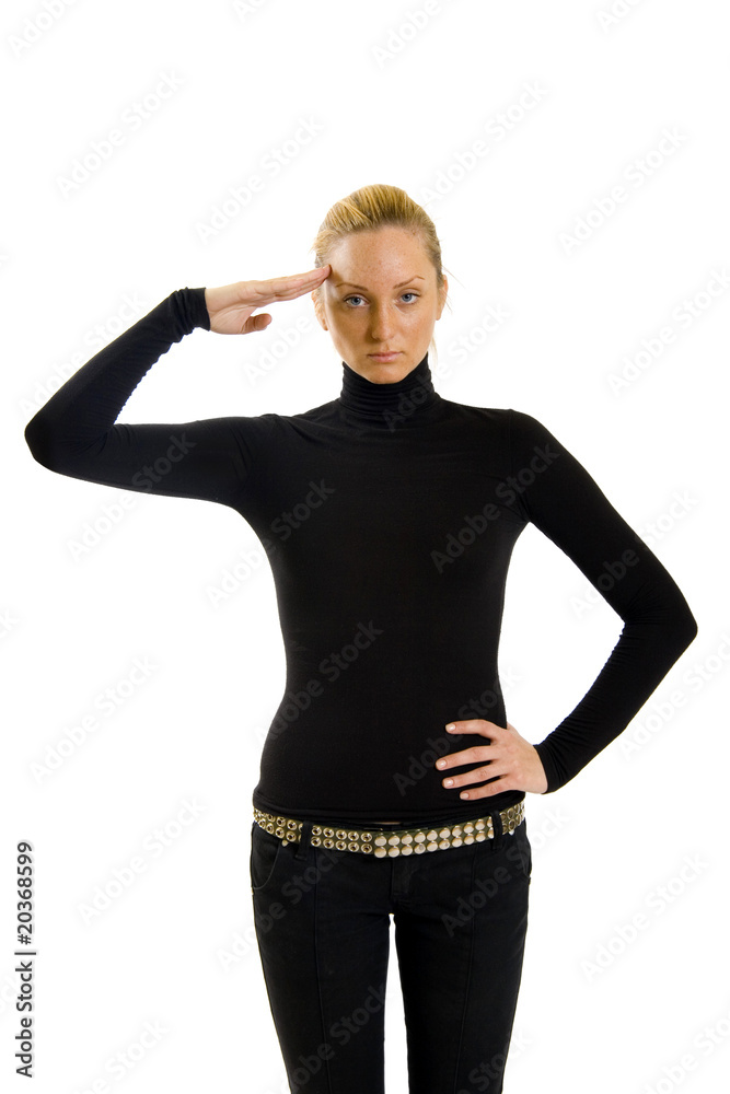 attractive girl in black saluting to camera attractive girl in black saluting to camera