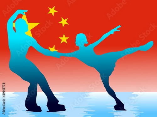 couple of figure skating on Chinese flag background