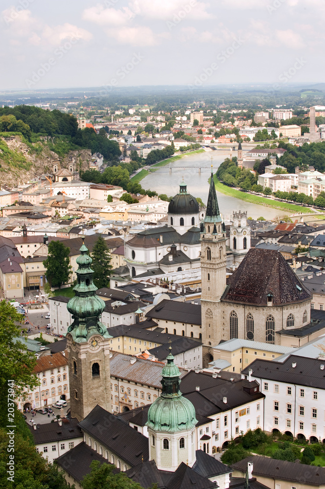 View of historical Salzburg downtown from the fortress