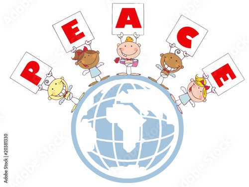 Cute Stick Cupids Holding Peace Signs On A Globe