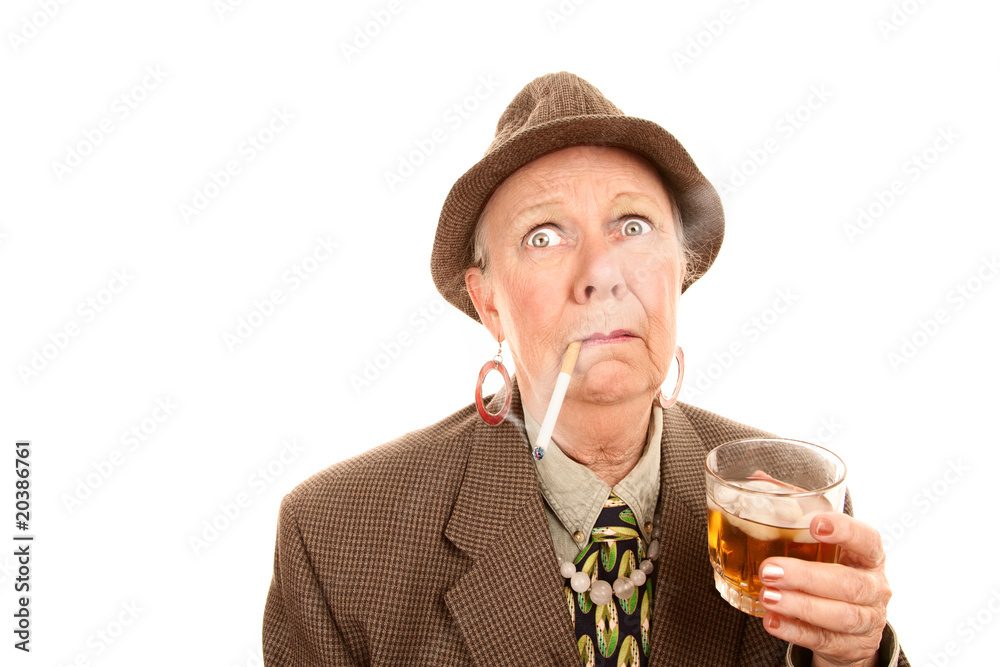 Senior Woman in Man's Clothing with Cigarette and Drink Senior Woman in Man's Clothing with Cigarette and Drink