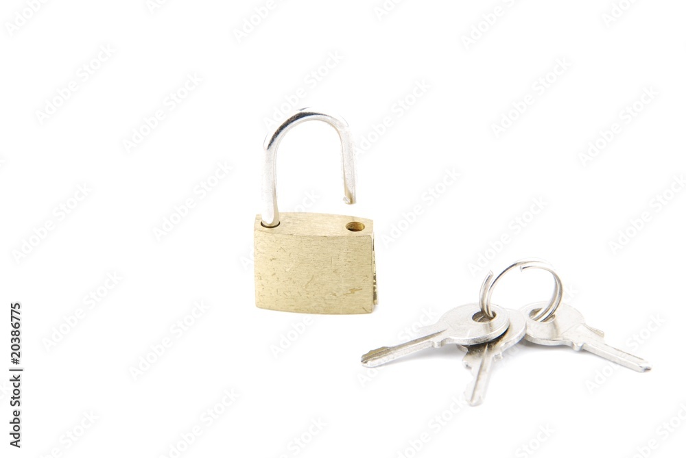 Golden open padlock with keys on white Golden open padlock with keys on white
