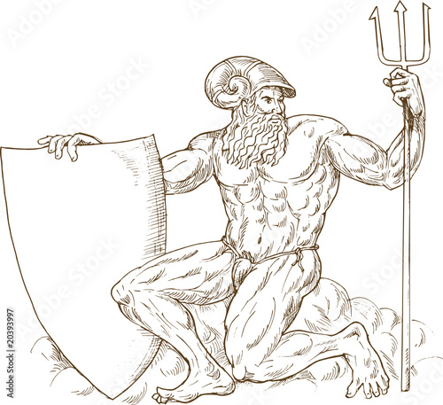 Roman God Neptune or Poseidon with trident and shield