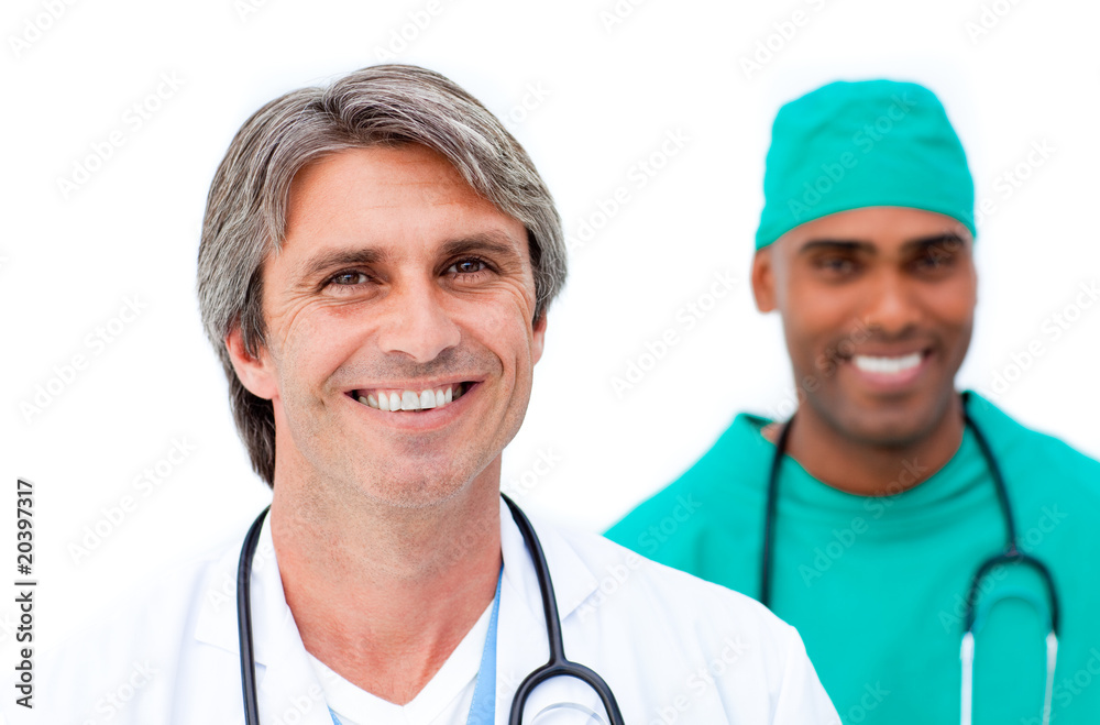 Smiling male doctors standing in a line Smiling male doctors standing in a line