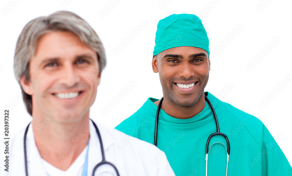 Charismatic male doctors standing in a line Charismatic male doctors standing in a line