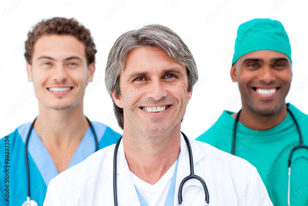 Positive doctors smiling at the camera Positive doctors smiling at the camera