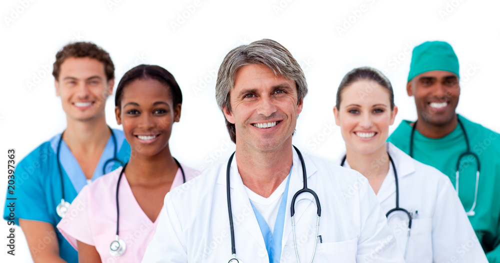 Smiling multi-ethnic medical team