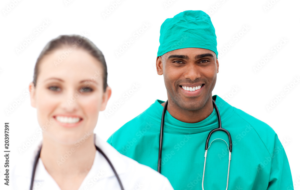 Multi-ethnic doctors standing in a row