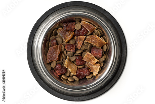 Top view of bowl of dog food isolated with clipping path