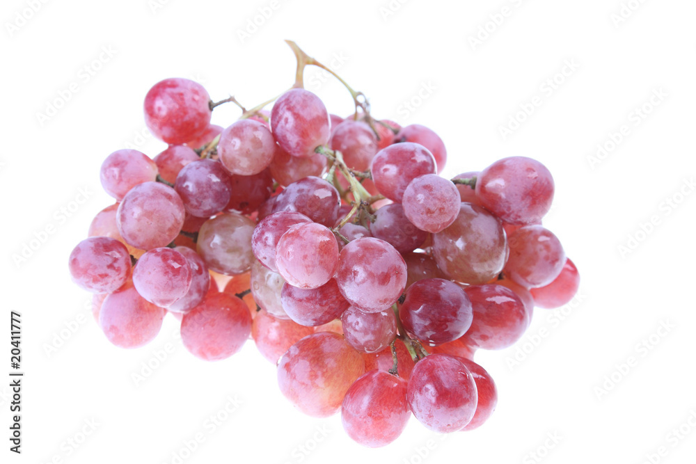 Pink grape cluster with leaves, isolated Pink grape cluster with leaves, isolated