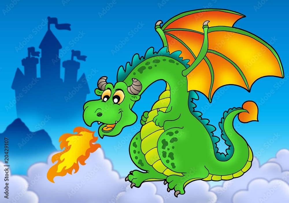 Naklejka premium Green fire dragon with castle