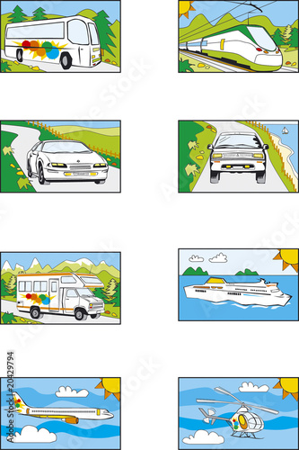 icone trasporti con paesaggio