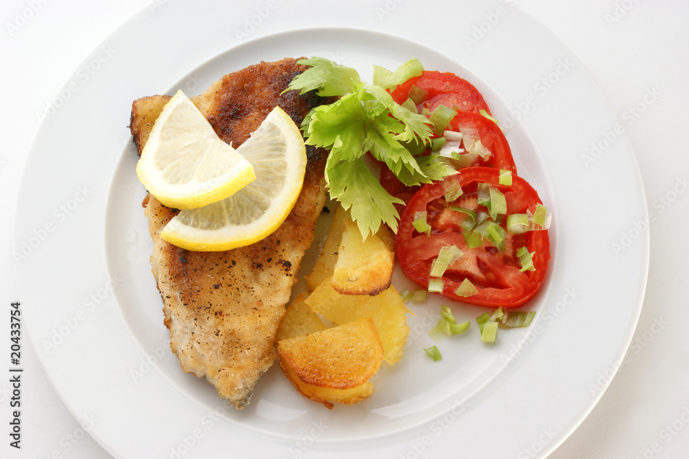 grilled carp steak on organic potato with vegetable grilled carp steak on organic potato with vegetable