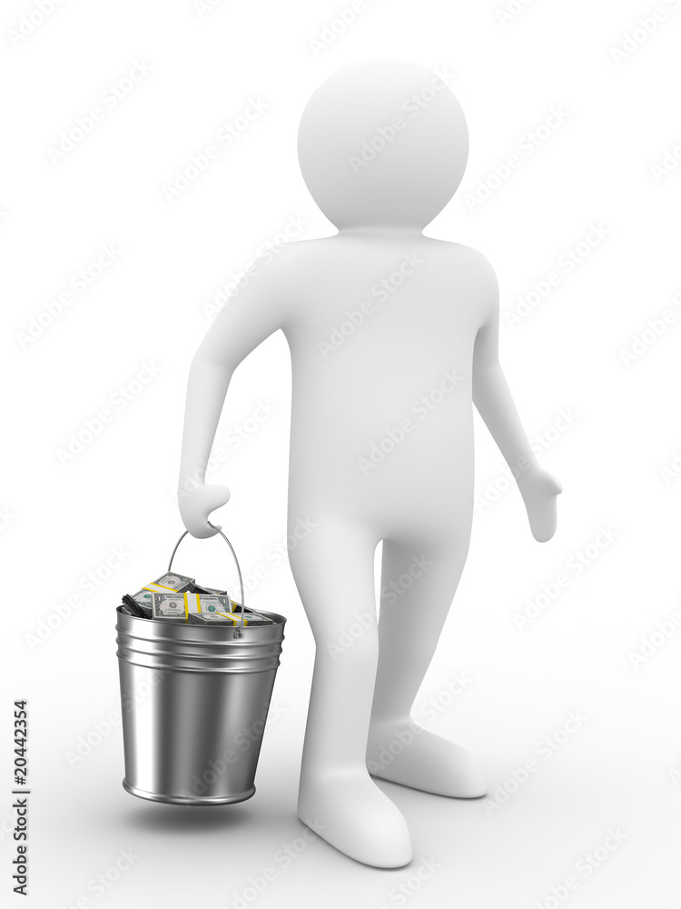 businessman with bucket of money. isolated 3D image businessman with bucket of money. isolated 3D image
