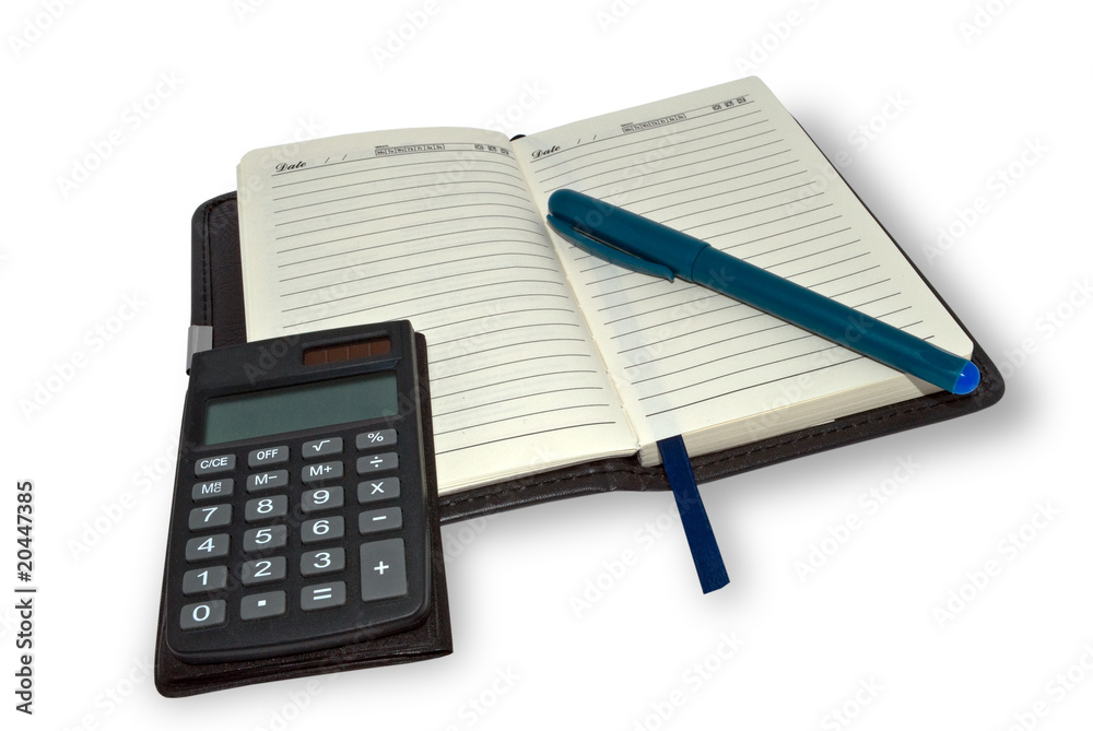 Calculator, pen and notebook