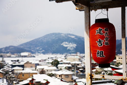 Japanese lantern and snow city background.Kumamoto,Japan