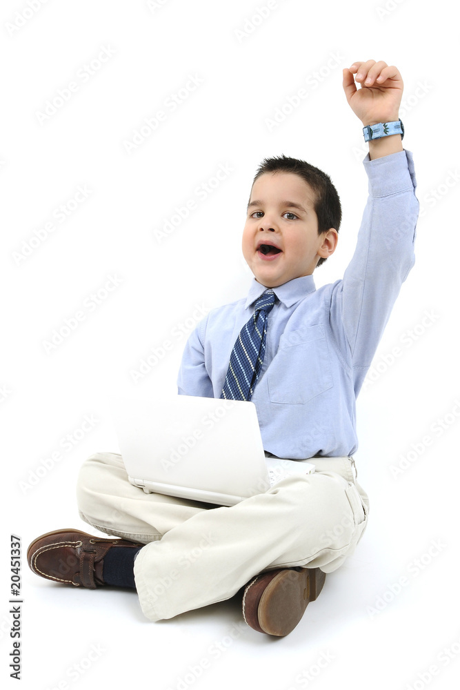 Concept of a little successful businessman with his laptop Concept of a little successful businessman with his laptop