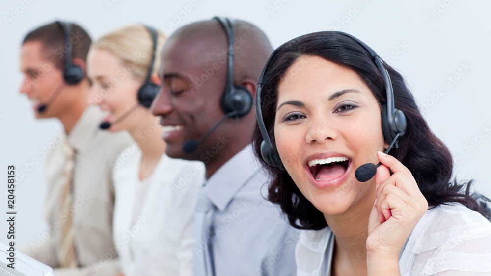 Happy business team in a call center Happy business team in a call center