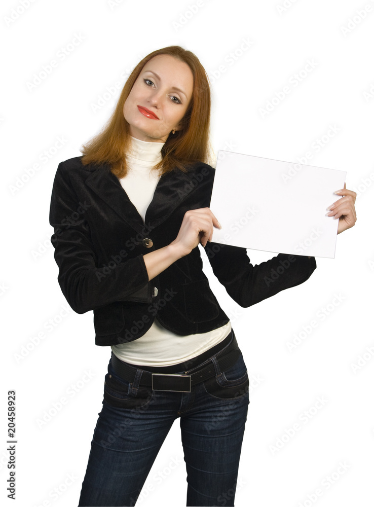 Beautiful attractive smiling woman holding sign Beautiful attractive smiling woman holding sign