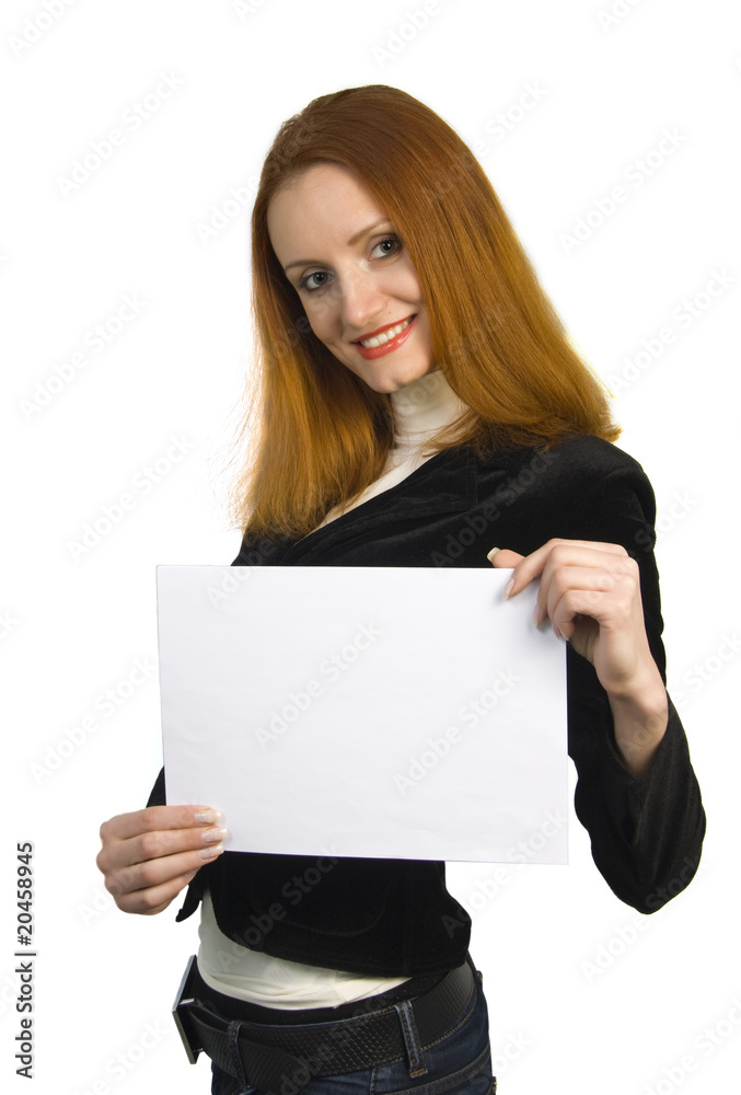 Beautiful attractive smiling woman holding sign Beautiful attractive smiling woman holding sign