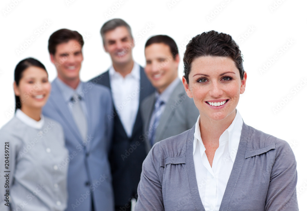Happy businesswoman with folded arms standing with his team Happy businesswoman with folded arms standing with his team