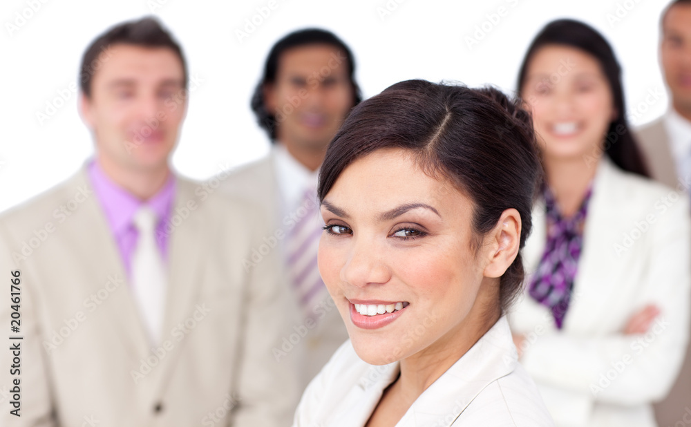 Charming female executive presenting her team Charming female executive presenting her team