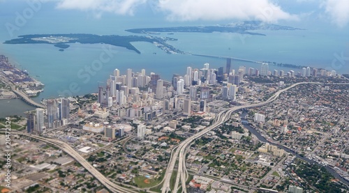 Miami city Downtown aerial view  blue sea