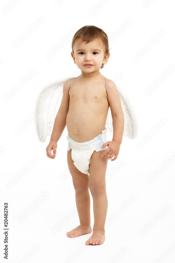Studio Portrait Of Toddler Wearing Nappy And Angel Wings Studio Portrait Of Toddler Wearing Nappy And Angel Wings