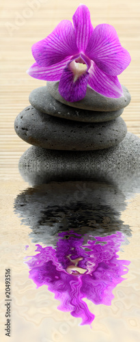 Fototapeta Naklejka Na Ścianę i Meble -  reflets orchidée pyramide galets fond bambou