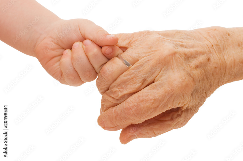 Old and children hands on a white Old and children hands on a white