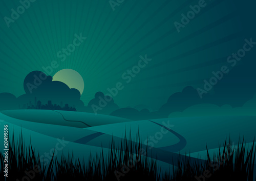 night vector landscape with road and city on horizon