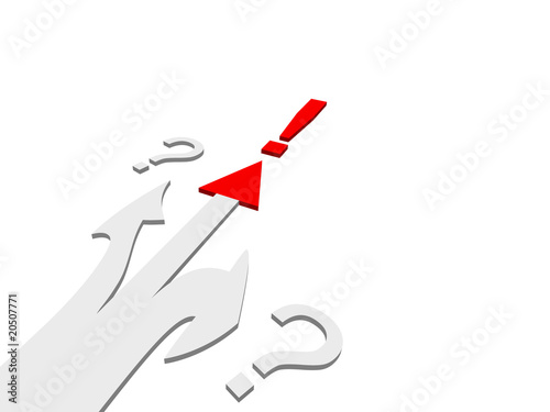 Fork of three roads with question marks and exclamation mark