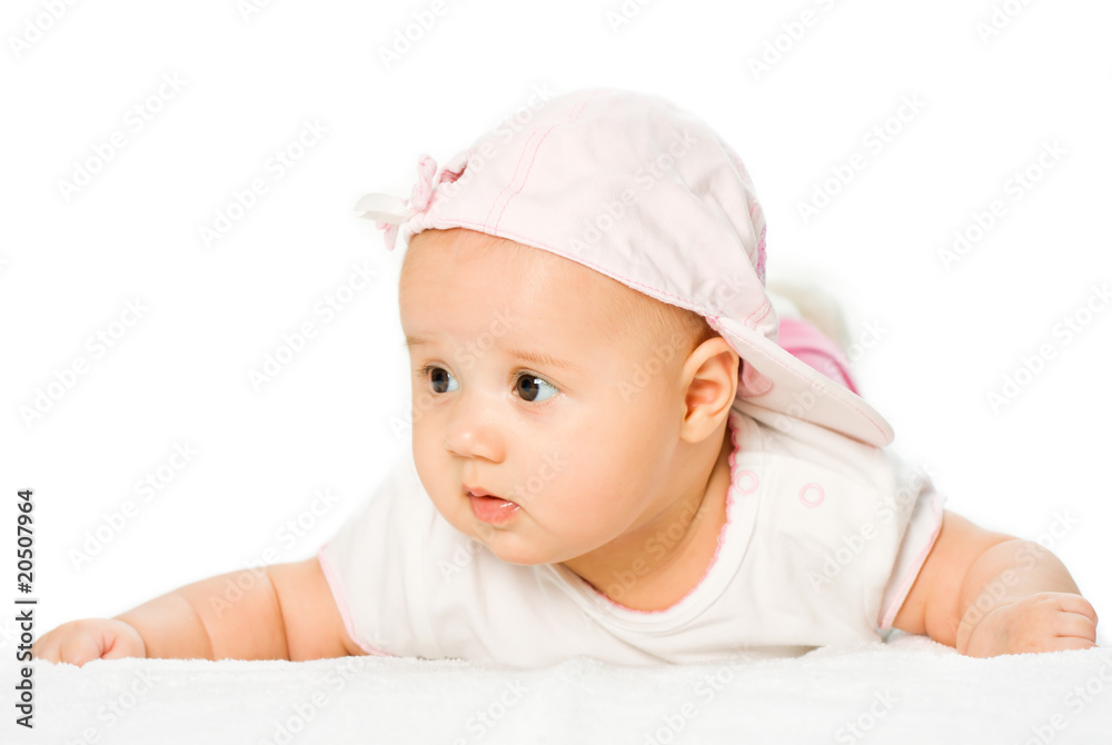 Portrait baby girl wearing pink hat Portrait baby girl wearing pink hat
