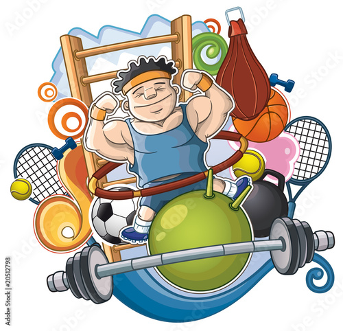 Athlete is surrounded by sports projectiles. Mixed