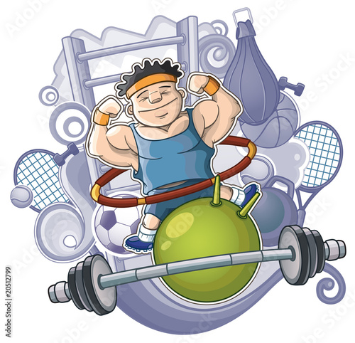 Athlete is surrounded by sports projectiles. Monotonous mixed