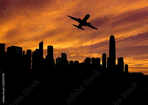 plane departing Hong Kong at sunset illustration