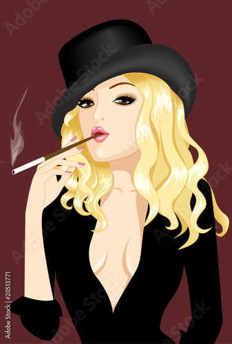 nice girl in hat smoke cigar