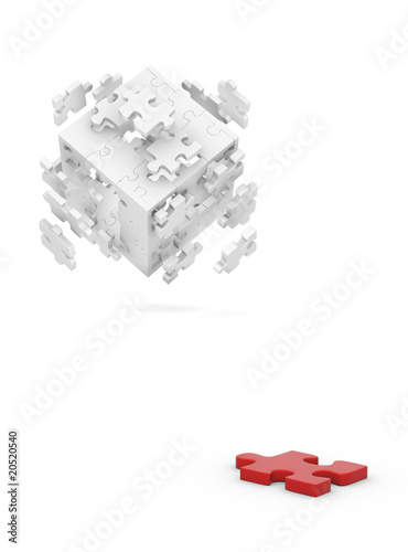 Decomposed cube of puzzle and red element