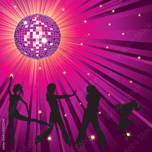 dancing people, disco-ball and glitters