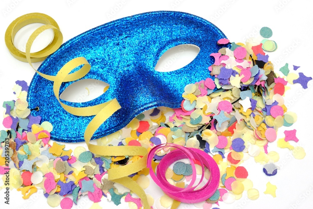 Maschera di carnevale, sfondo, coriandoli, stelle filanti e glitter